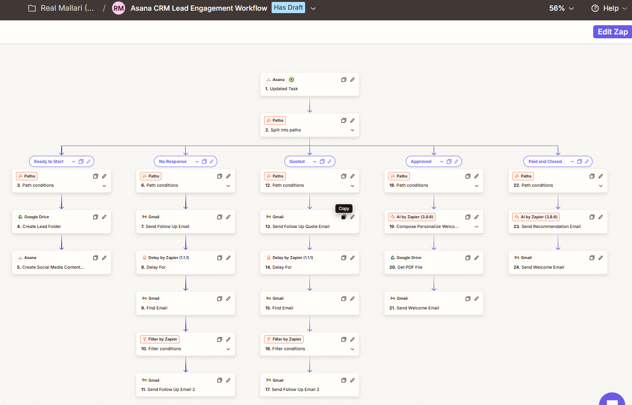 Asana CRM Lead Engagement Workflow